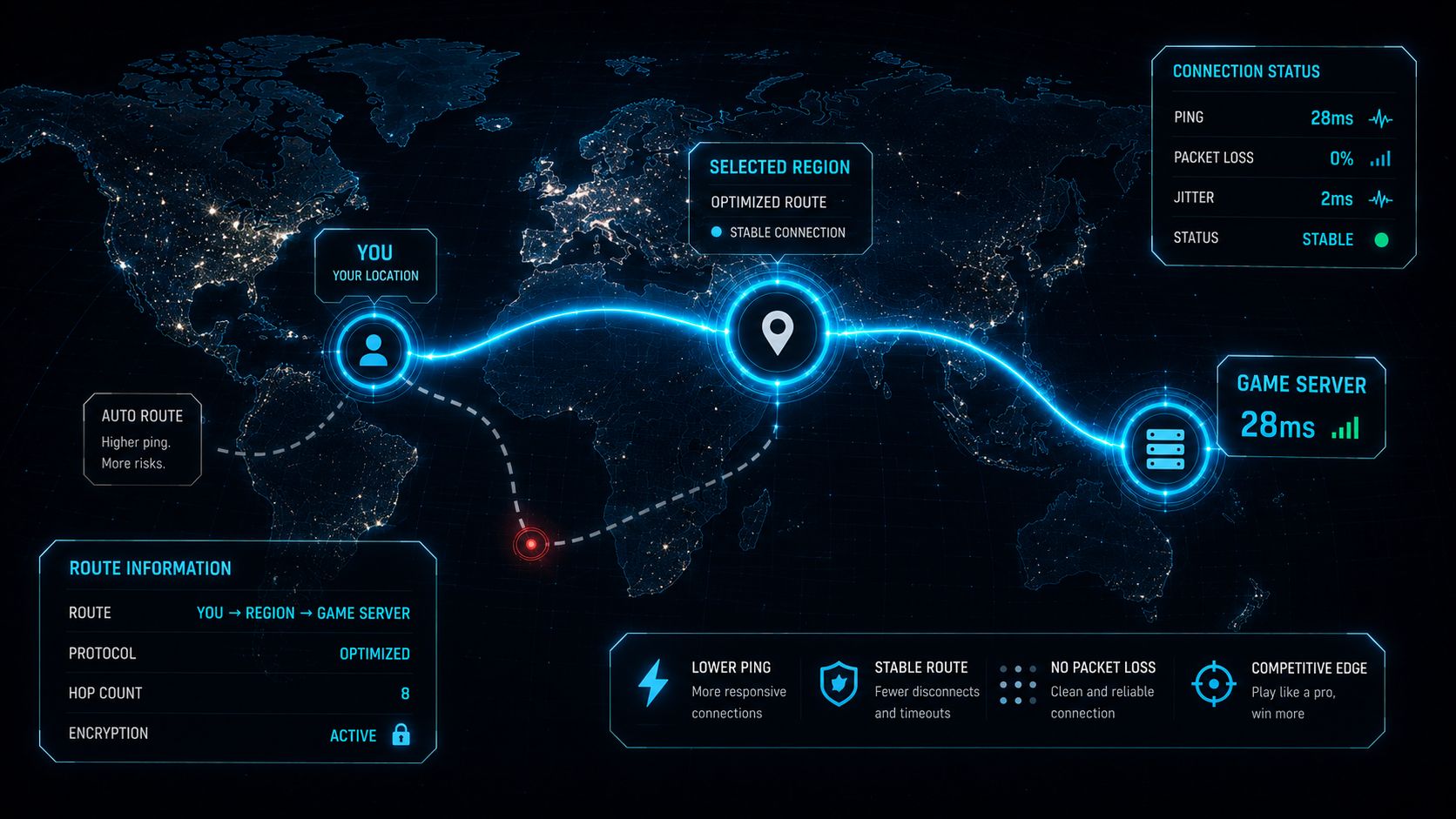 Futuristic global network map with glowing routing paths